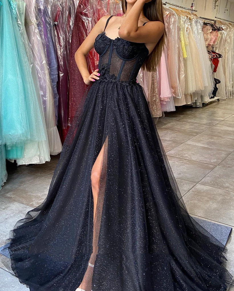 Chic A-line Spaghetti Straps Black Prom Dresses Long Evening Dress CBD –  SELINADRESS